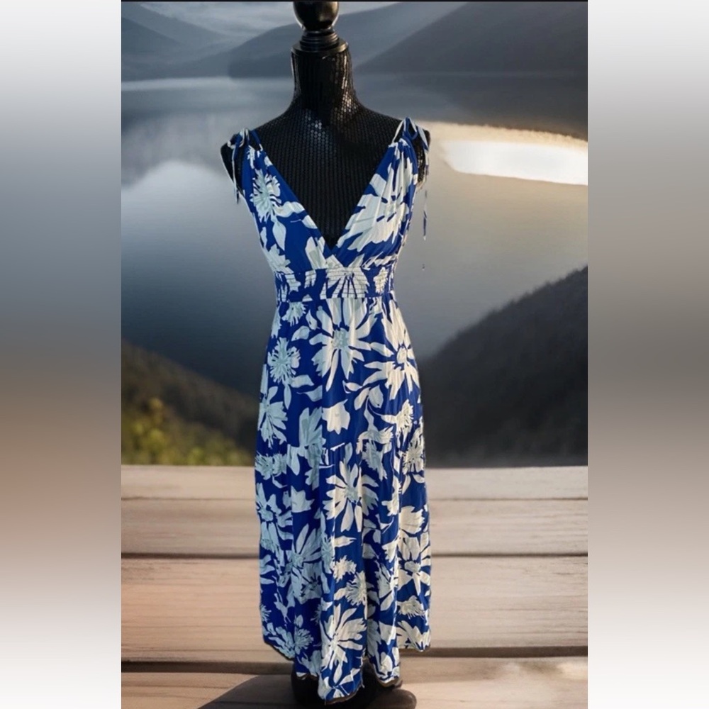 Patrons of Peace Navy and White Floral Tiered Sun Dress Shoulder Ties Size S